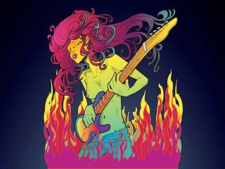 psychedelic comic woman playing guitar